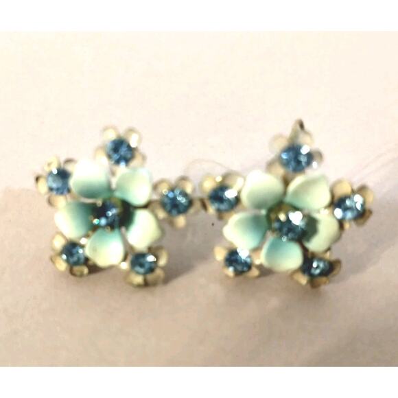 Unbranded Jewelry - Vintage Blue Flower Pierced Earrings With Crystal Accents. Gift. Christmas
